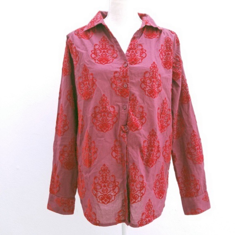 SUNDANCE RED GEOMETRIC BROCADE VELVET BLOUSE